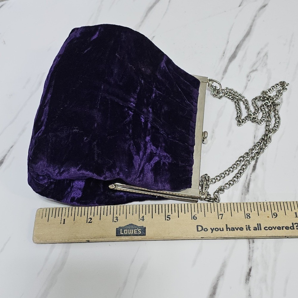 Vintage Purple Velvet Evening Bag Silver Frame Chain Strap Kiss Lock Purse - Picture 16 of 16